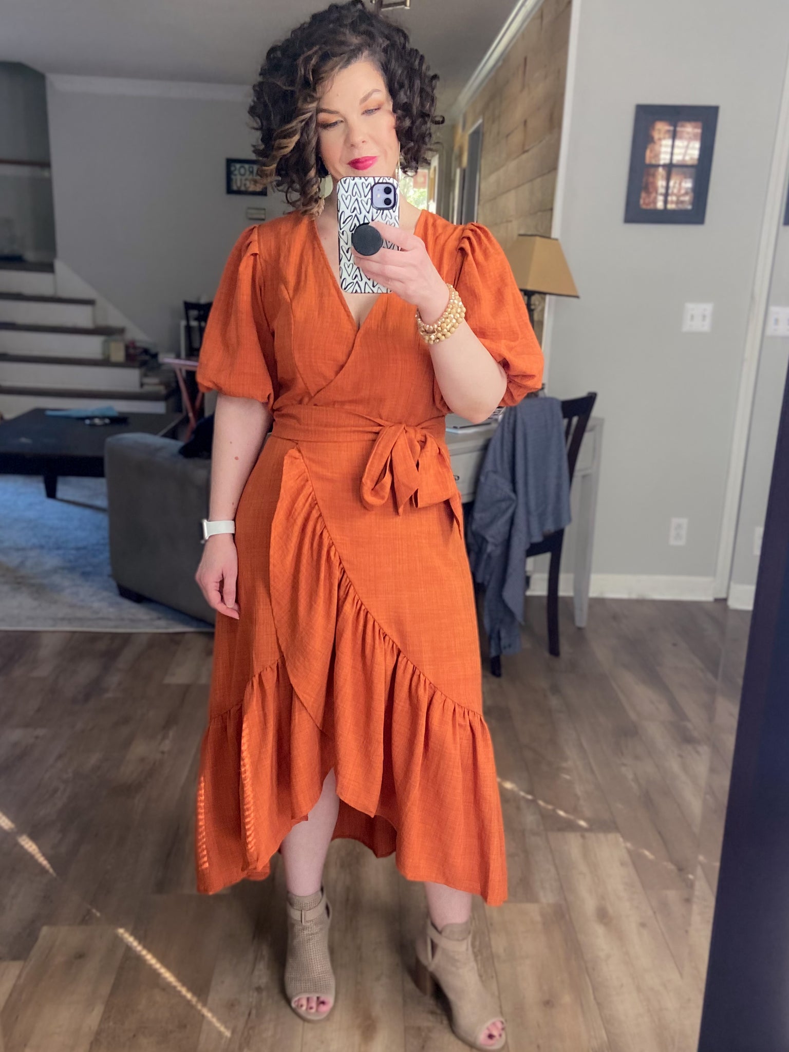 Burnt Orange Ruffle Hem Wrap Dress – Ash Noelle Boutique